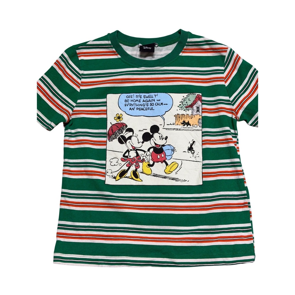 Zara Disney Mickey Minnie Mouse Striped Graphic Tee Green Orange White Size M